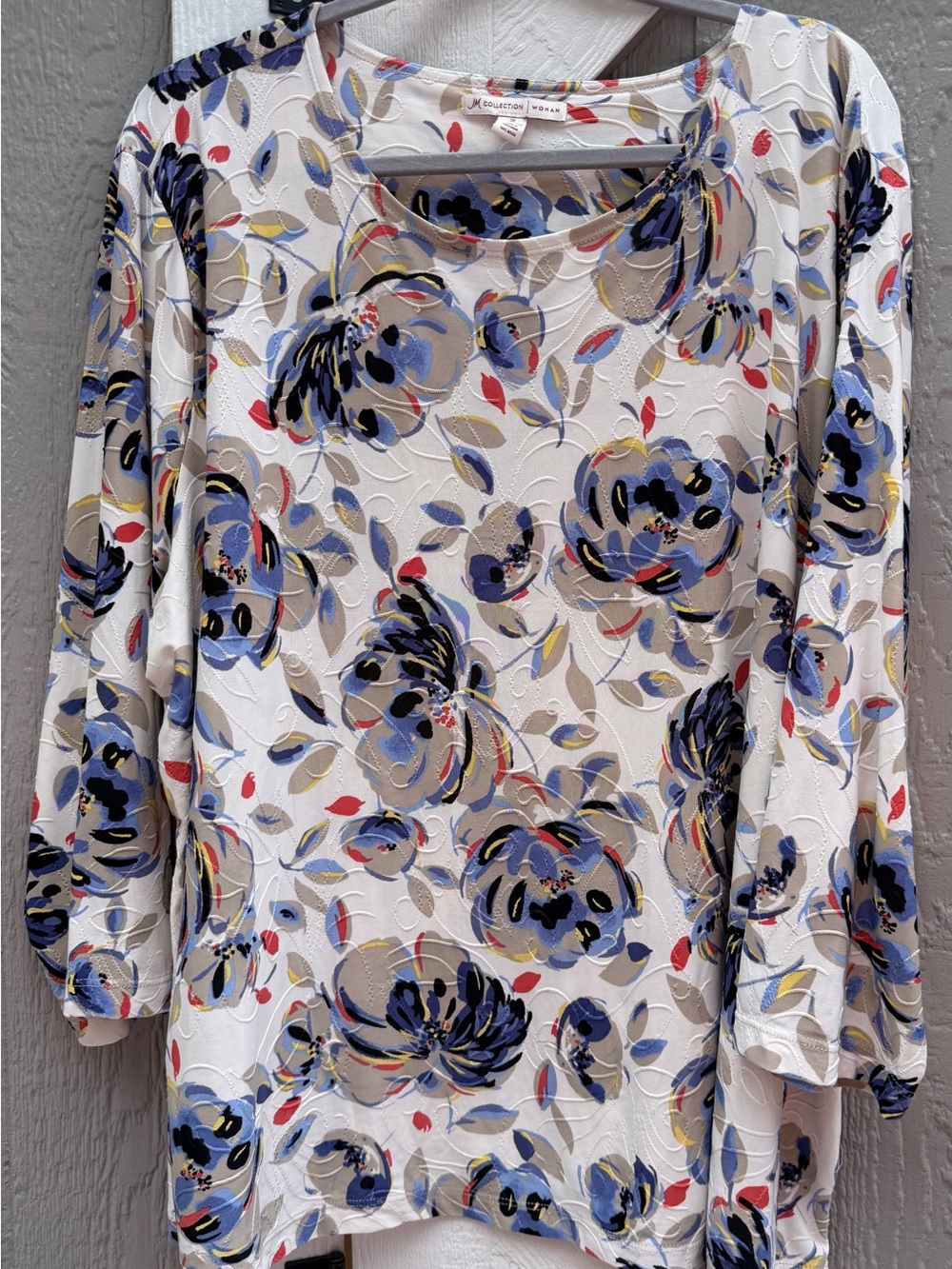 JM Collection Cream Long-Sleeve Floral Top with Blue and Red Accents